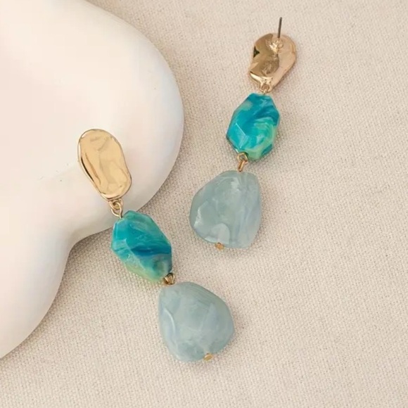 Ocean Earrings - Two tone Blue Resin and Gold Earrings - NEW - Picture 3 of 4